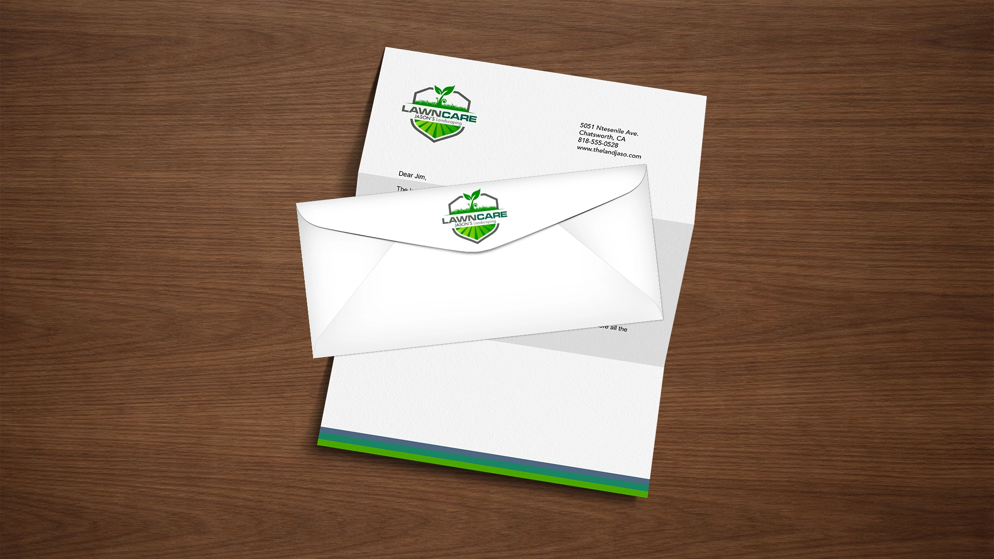 Modern brand identity mockup with logo on envelope and letterhead placed on a dark wood background