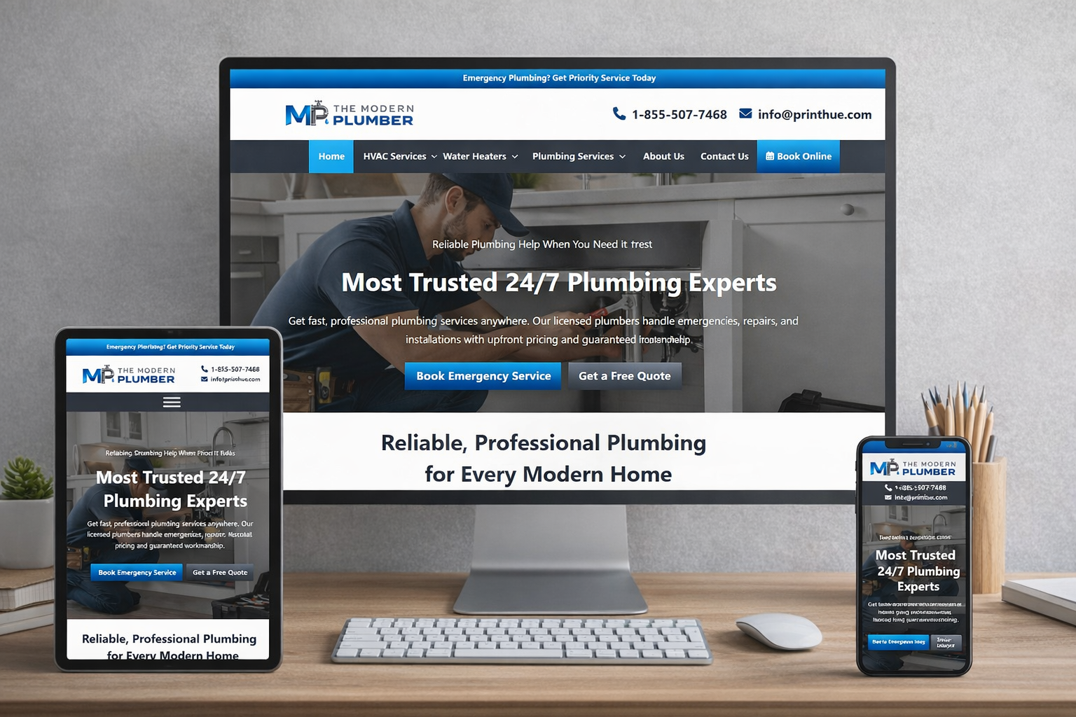 Responsive plumbing website design displayed on desktop, tablet, and mobile devices showcasing a modern plumber homepage with booking and quote features